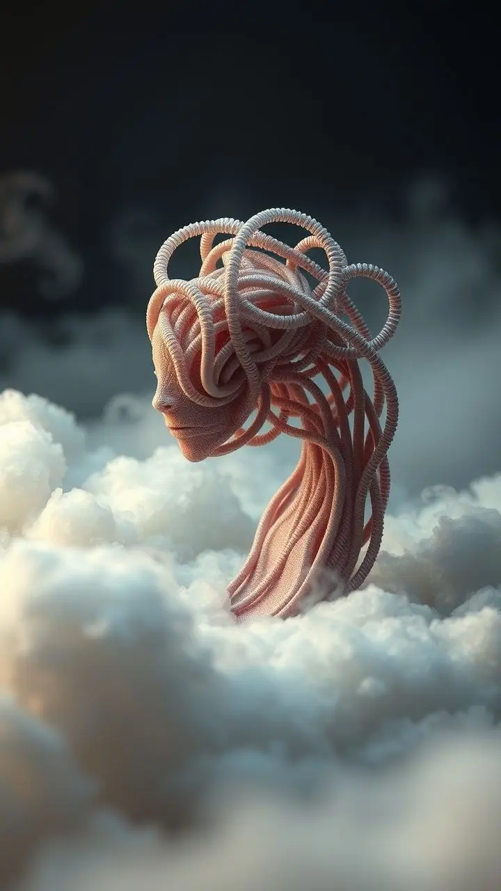 Intricate pipe cleaner sculpture with skin texture on hazy clouds background.
