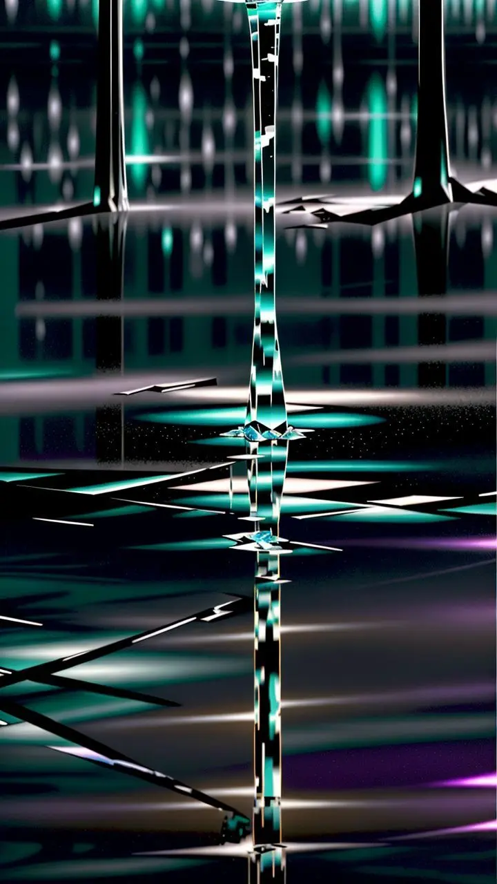 Puddle reflection showing a surreal, layered landscape with light beams.