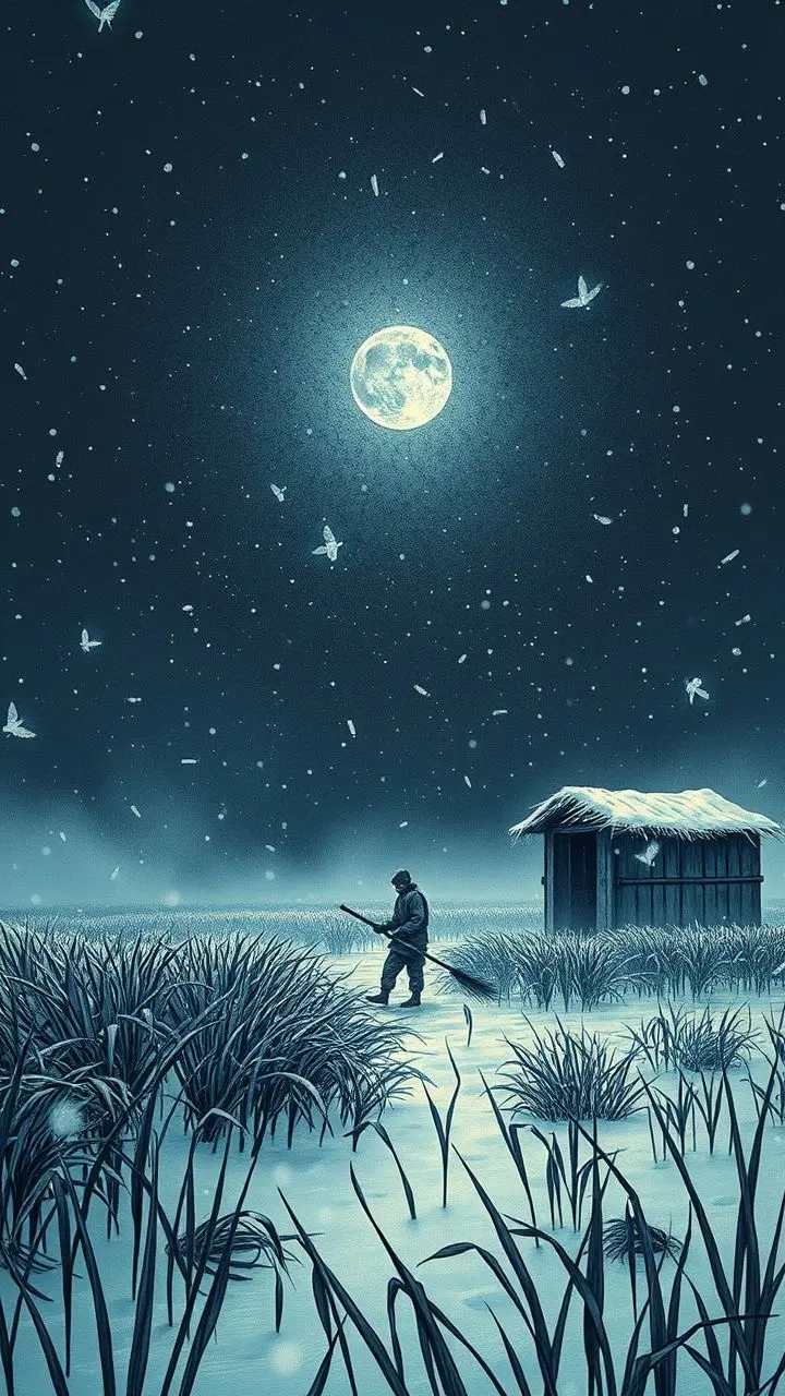 Farmer harvesting rice in a blizzard with flickering fireflies, comic book style.
