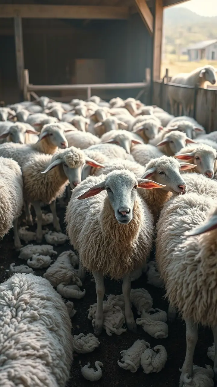 Sheep being sheared with glitching outlines in chalk pastel colors.