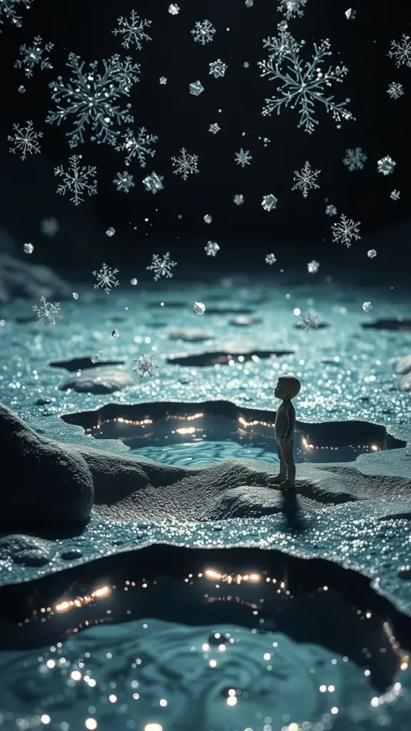 Surreal scene with snowflakes, water, and a figure under hard light.