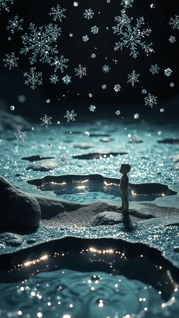 Surreal scene with snowflakes, water, and a figure under hard light.