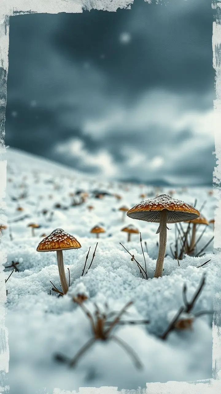 Surreal snow landscape with mushrooms and batik patterns, featuring glitching textures.
