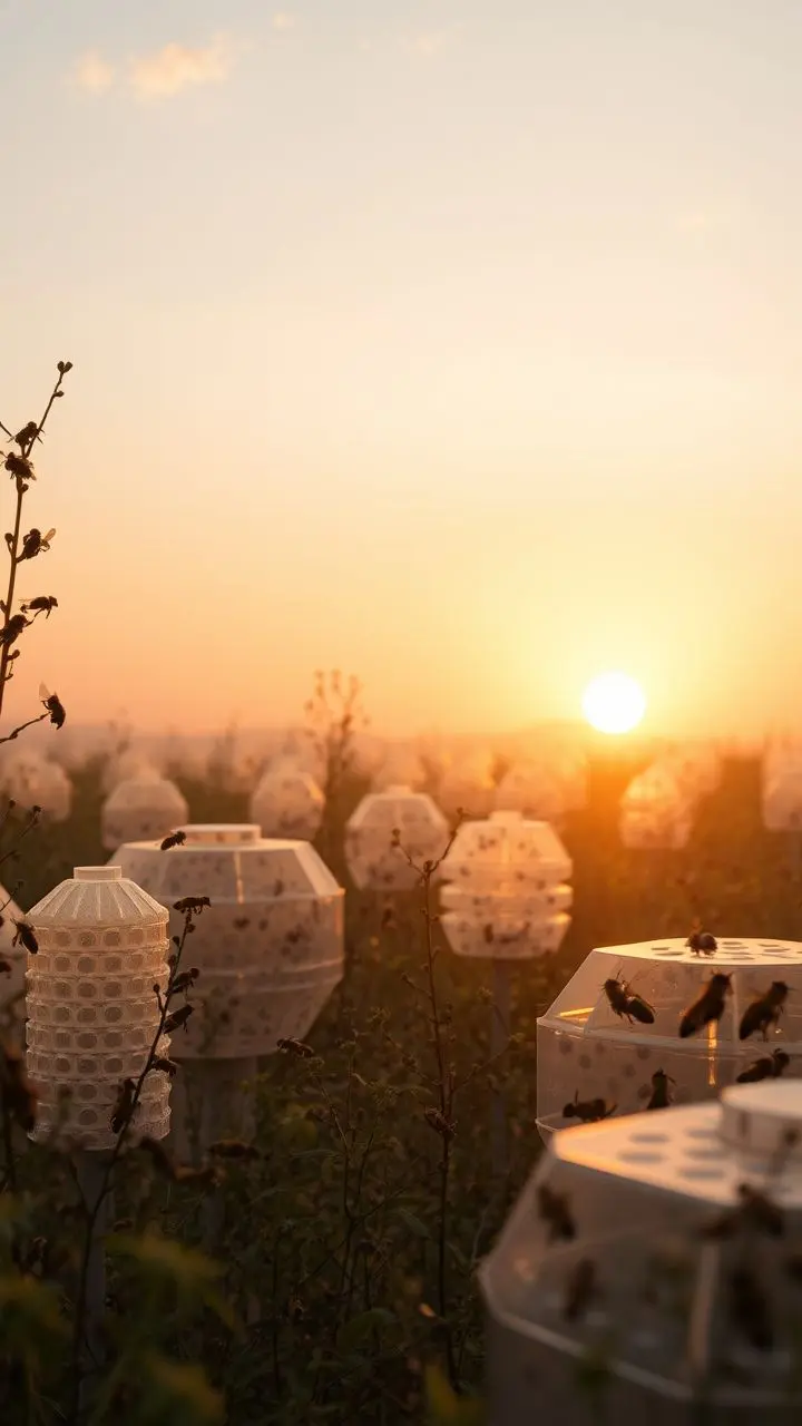 Surreal sunset over a glowing apiary with bees.