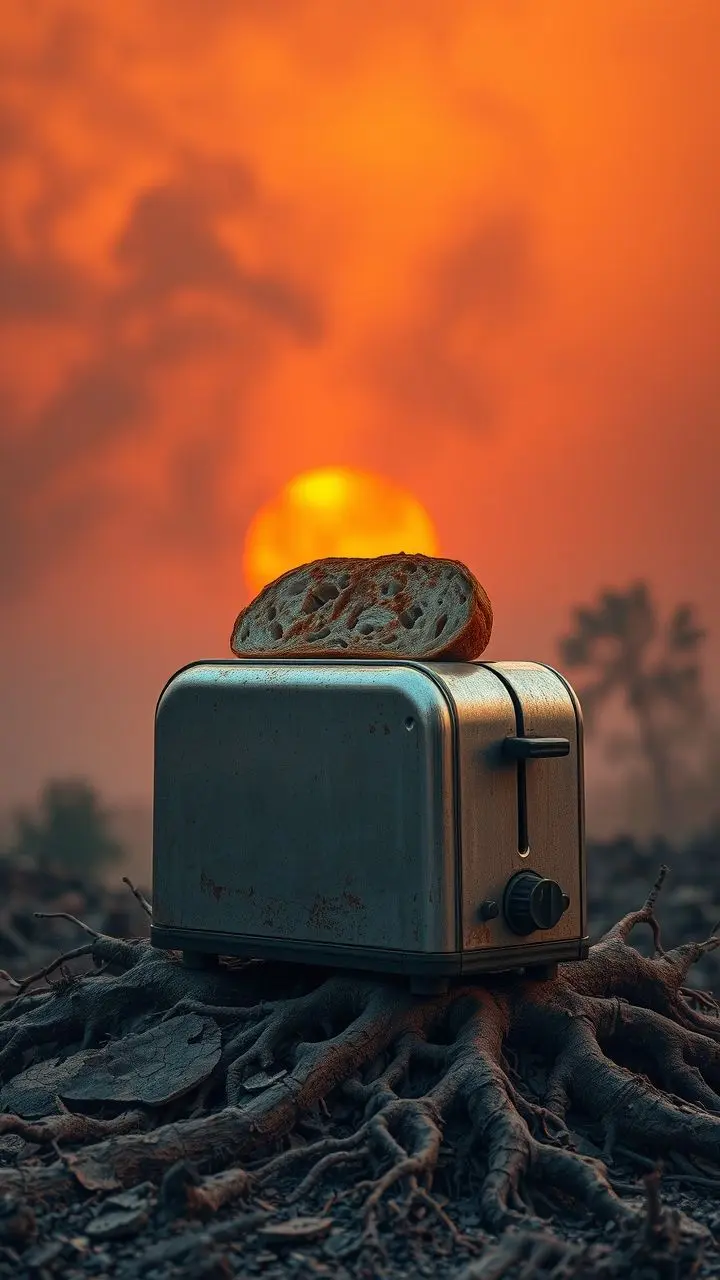 Toaster with bread on top at sunset with roots and smog.
