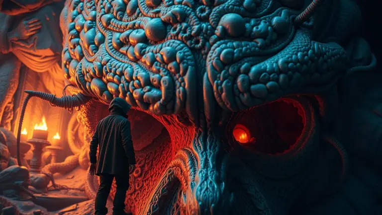 A highly detailed, photorealistic surreal scene with a suspenseful atmosphere.