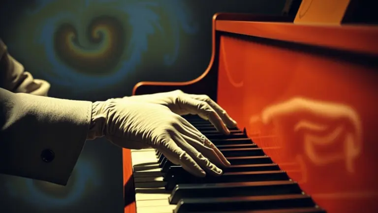 Gloves playing a piano in a surreal art style.