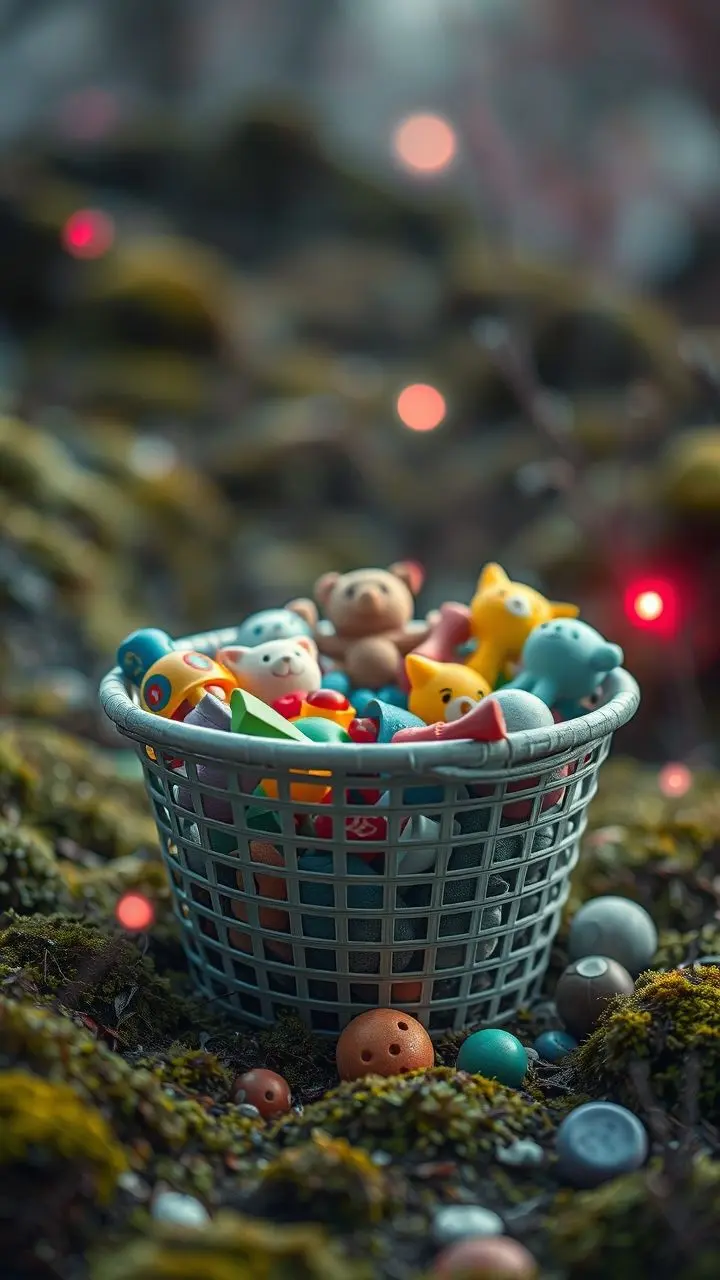 A laundry basket overflowing with toys in a surreal landscape with a tilt-shift effect.