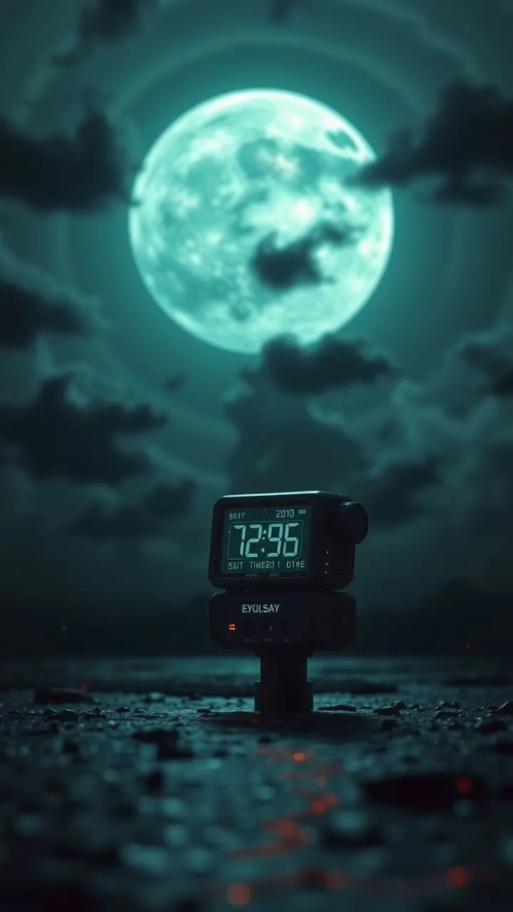 Surreal nighttime scene with a leaf timer and futuristic device under a tsunami warning sky.