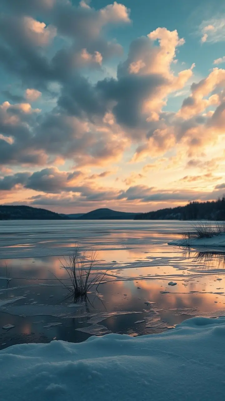 Surreal twilight lake with swirling clouds, snow, and fractured reflections from plastic fragments.