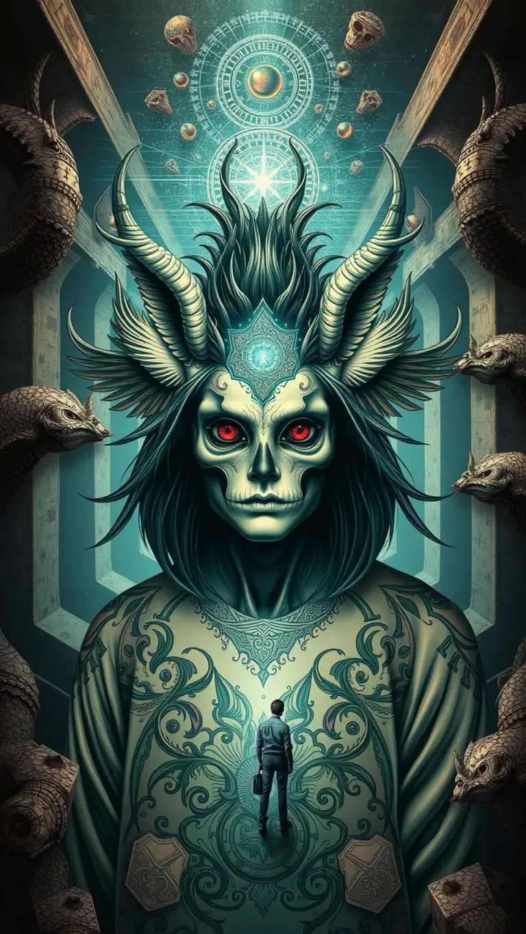 Warrior emerging from maze, surreal, psychedelic, gothic, vintage, grunge