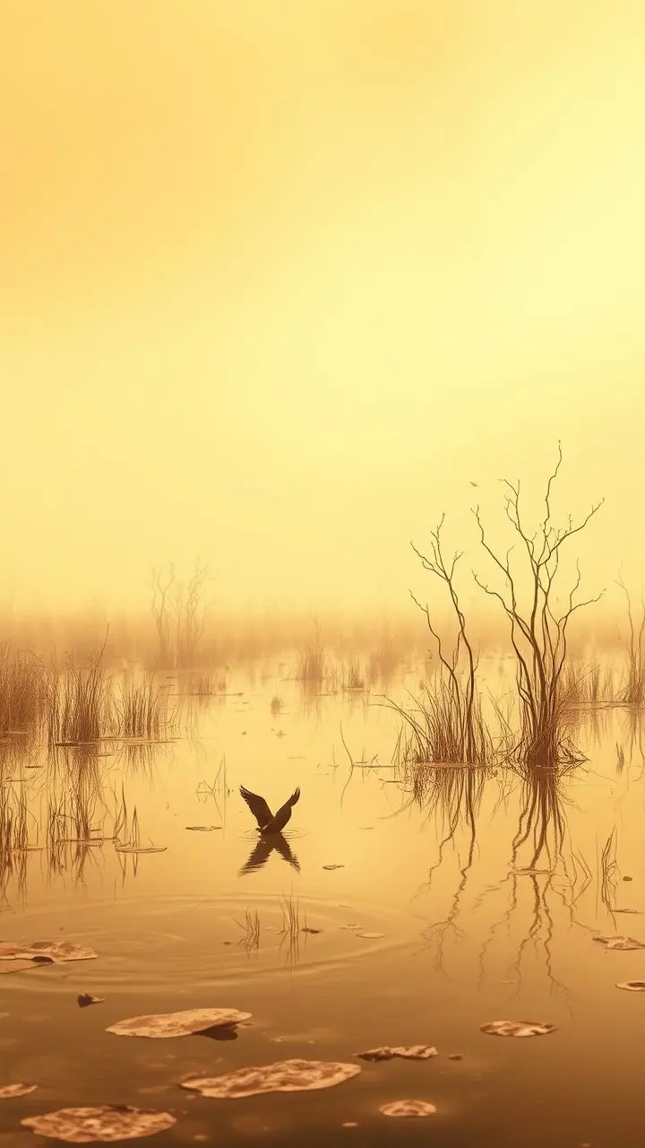 Surreal wetland with tan hues and glitching patterns.