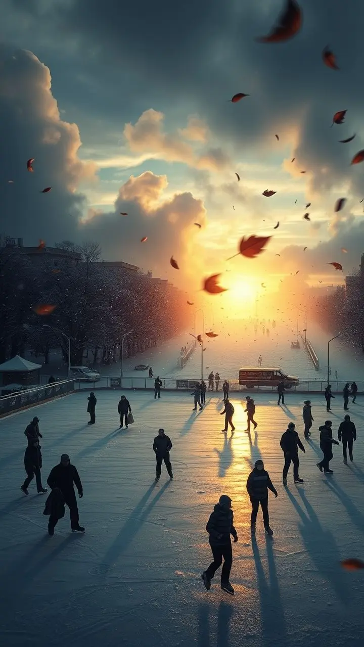 Surreal winter ice skating rink with stormy sky and radiant leaves.