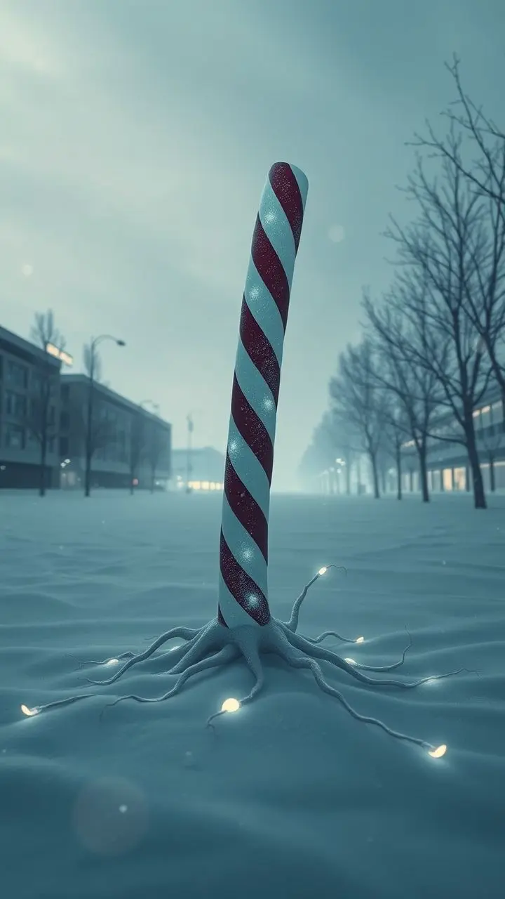 Surreal winter scene with a giant peppermint stick in a frozen corporate landscape.