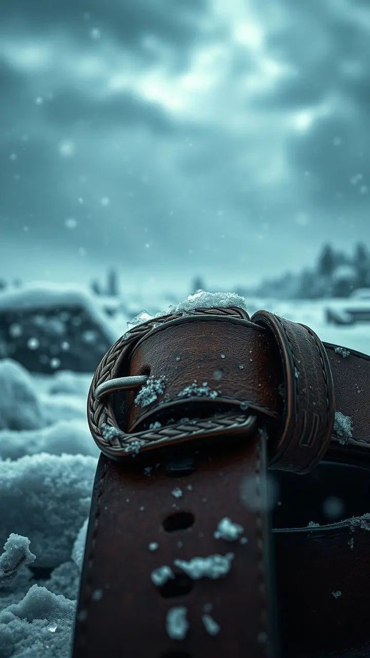 Close-up of a leather belt and buckle in a winter blizzard.