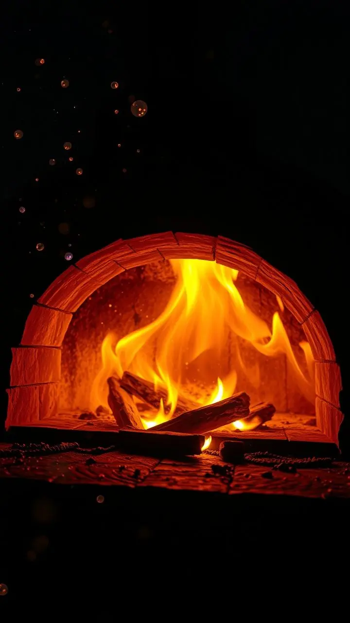 Surreal pizza oven at night with glowing embers and floating particles.