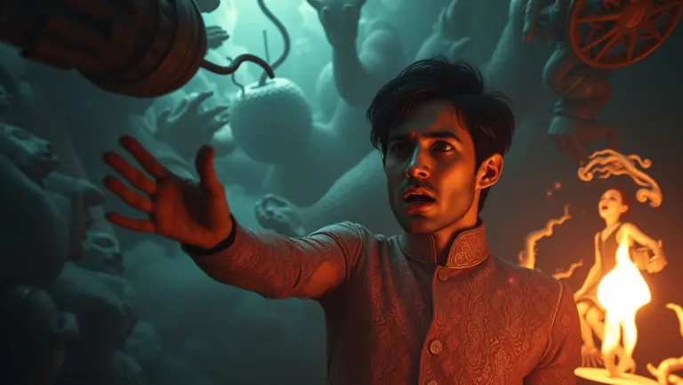 Detailed surreal magical suspenseful scene.
