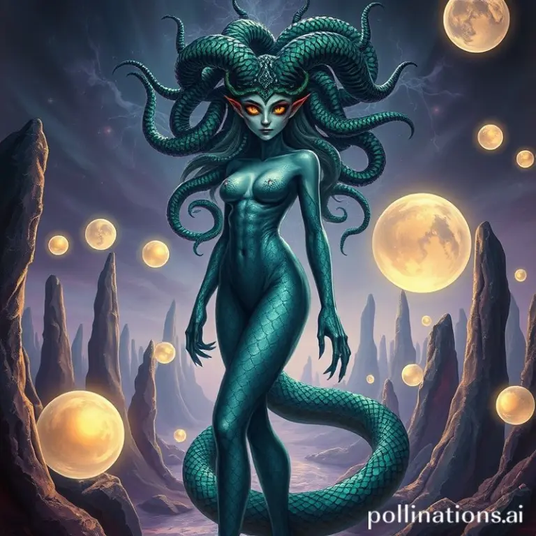 Medusa succubus with serpentine hair and glowing eyes in a surreal landscape.