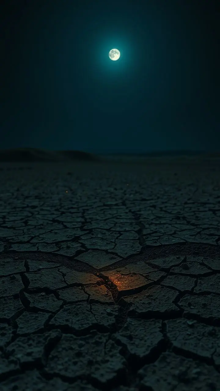 Surreal nighttime landscape of a dry weed field with cracked soil and small particles.