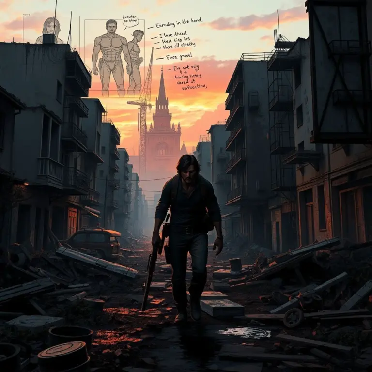 Survivor in a ruined city at dusk with concept art elements.