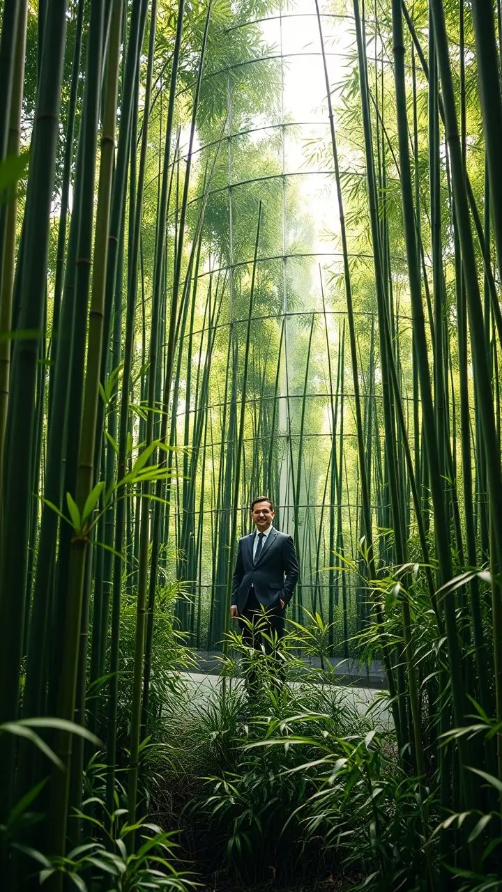 Leader in a bamboo grove with mirrored architecture.