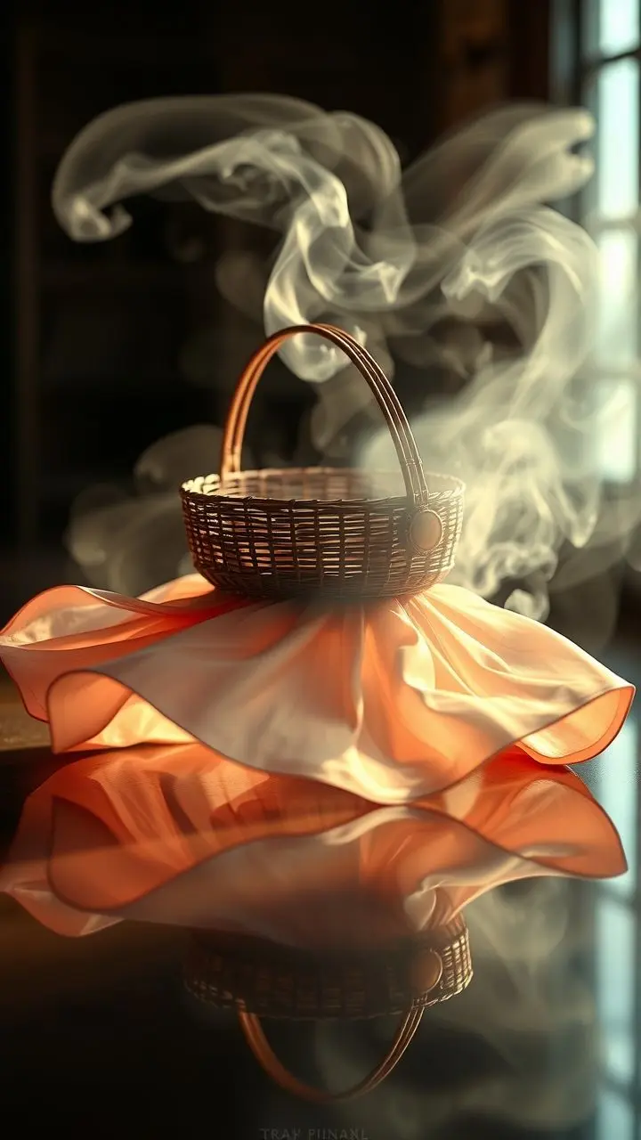 Dim sum basket on a swirling skirt with mist and digital effects.