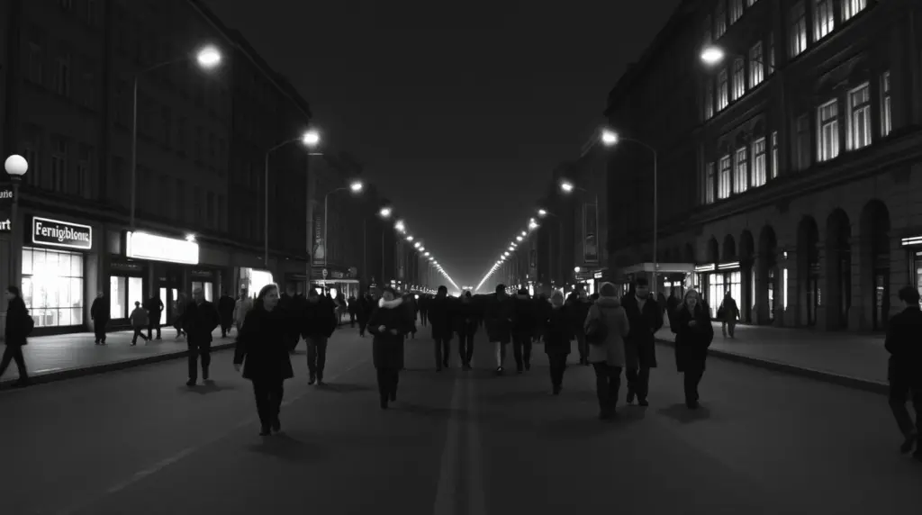 Black and white photo of empty Kiev streets at night with people walking synchronously.