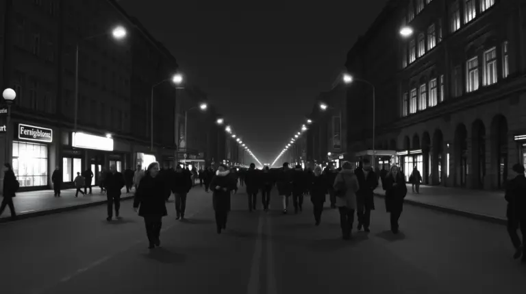 Black and white photo of empty Kiev streets at night with people walking synchronously.