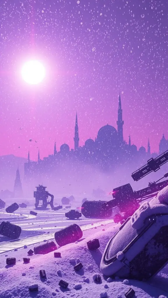 Futuristic cityscape with synthwave colors and sleet.
