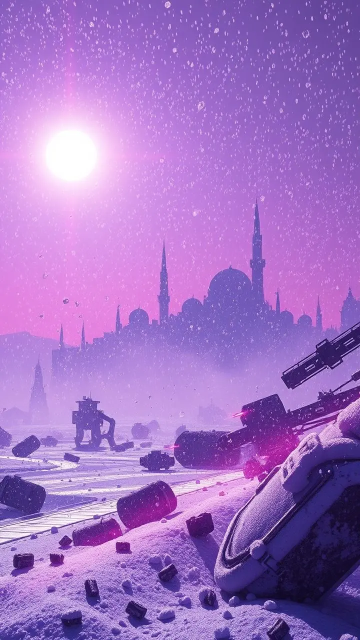 Futuristic cityscape with synthwave colors and sleet.