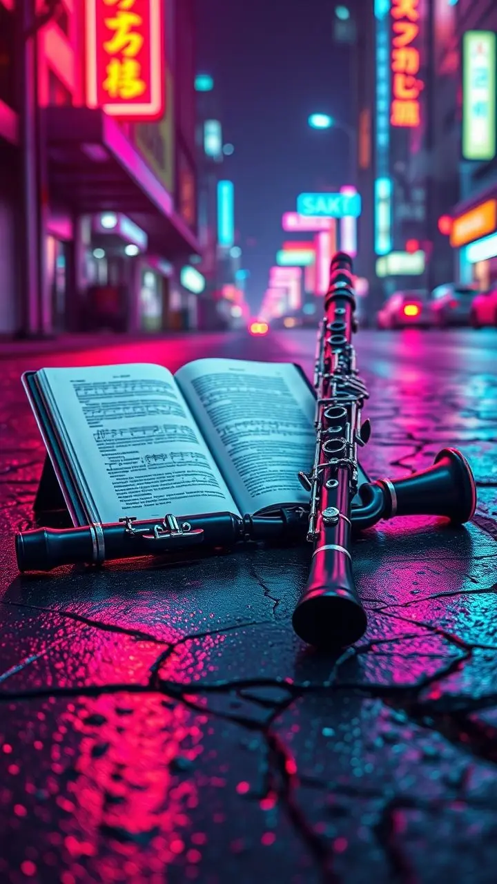 Clarinet and eBook in neon urban environment