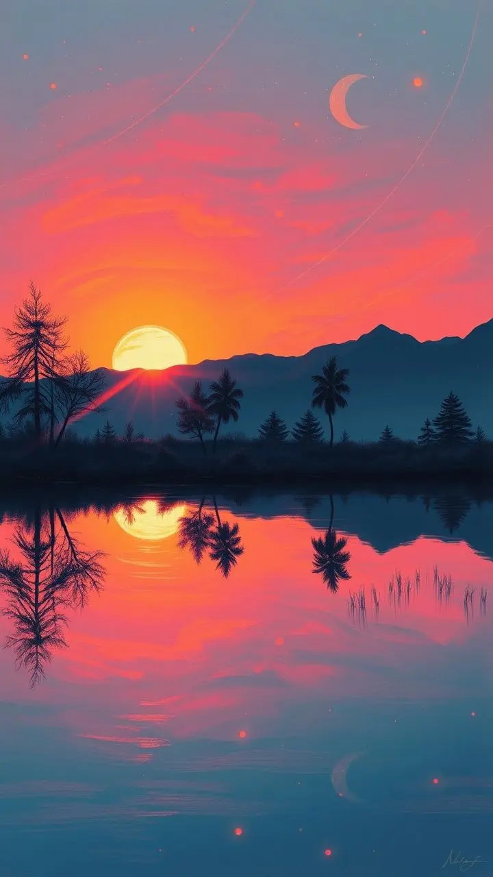 Synthwave sunset with broken fireflies and reflections.