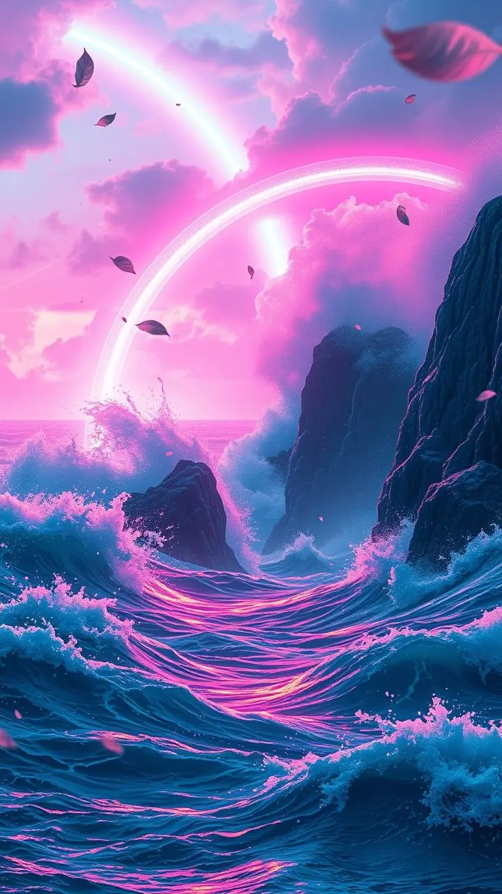 Turbulent ocean waves crashing against rocks under alpenglow, with a rainbow and glitching leaves in synthwave colors.