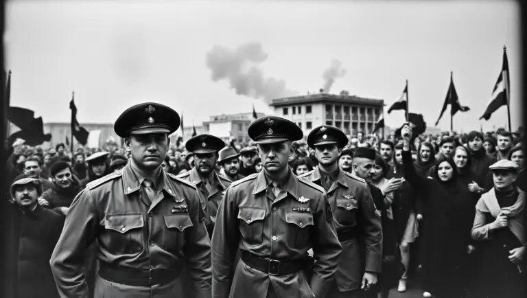 Black and white photo of Syrian soldiers and a crowd during a coup.