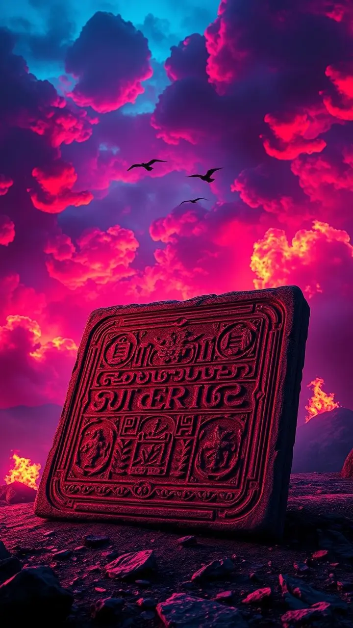 Ancient stone tablet with carvings under a fiery, synthwave sky with bird silhouettes.