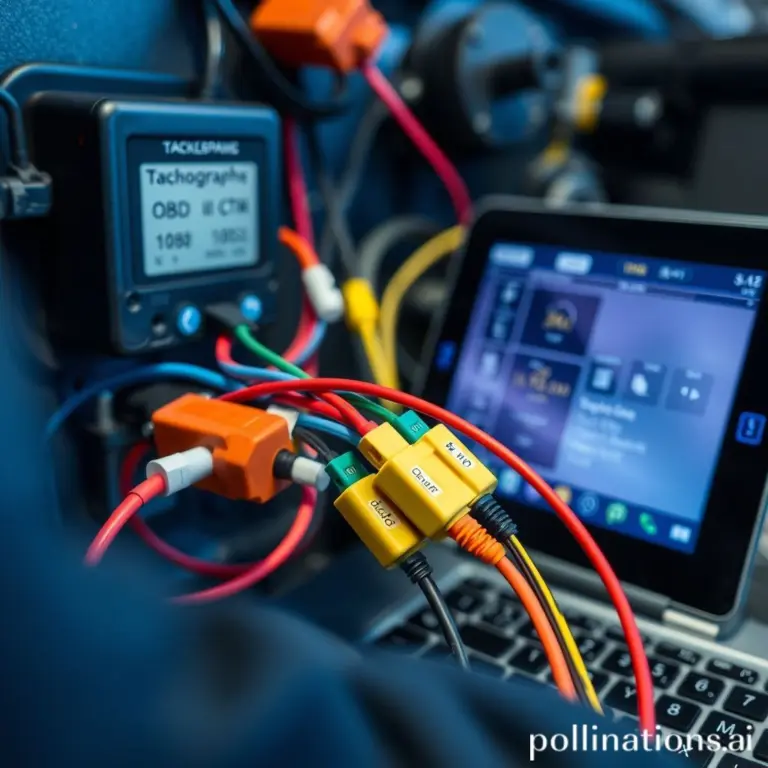 Close-up of tachograph wires connecting to a car's OBD-II port with a diagnostic laptop in the background.