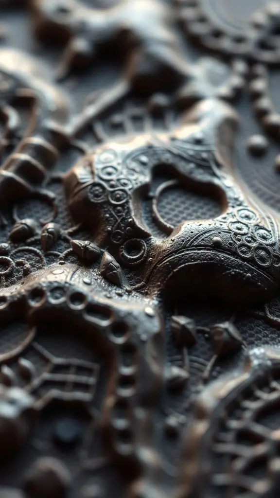 Close-up of richly detailed surface with intricate patterns and layered textures.