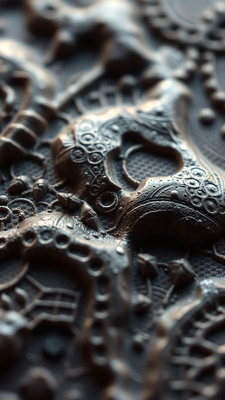 Close-up of richly detailed surface with intricate patterns and layered textures.