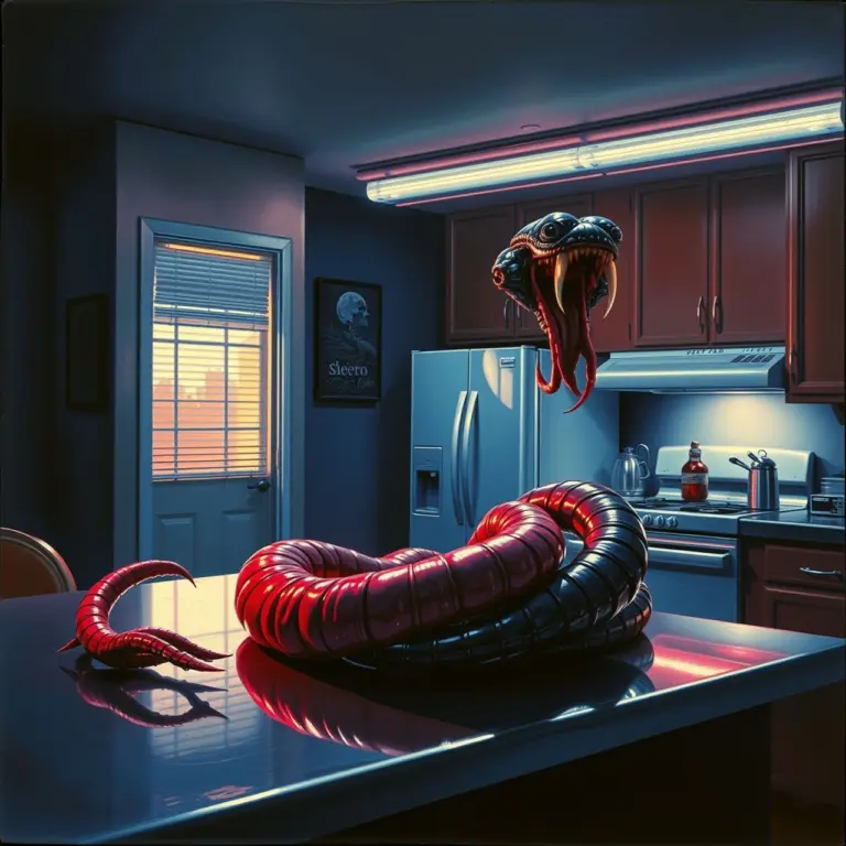 A sci-fi horror scene with a metallic, worm-like monster on a kitchen counter.