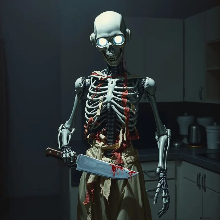 Haunting robot housewife with exposed mechanical parts and a knife.