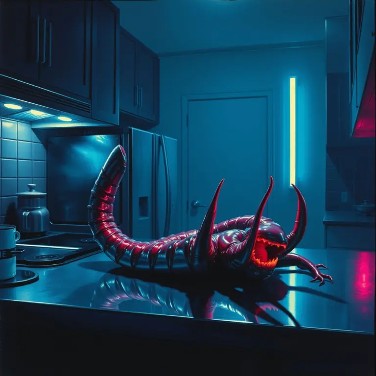 A worm-like creature made of steel and flesh with hooked teeth on a kitchen counter, illuminated by neon light.