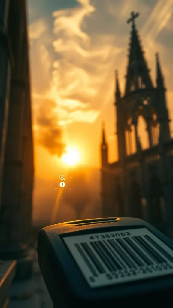 Barcode scanner scanning with holographic icons and gothic architecture in a dusty sunset.