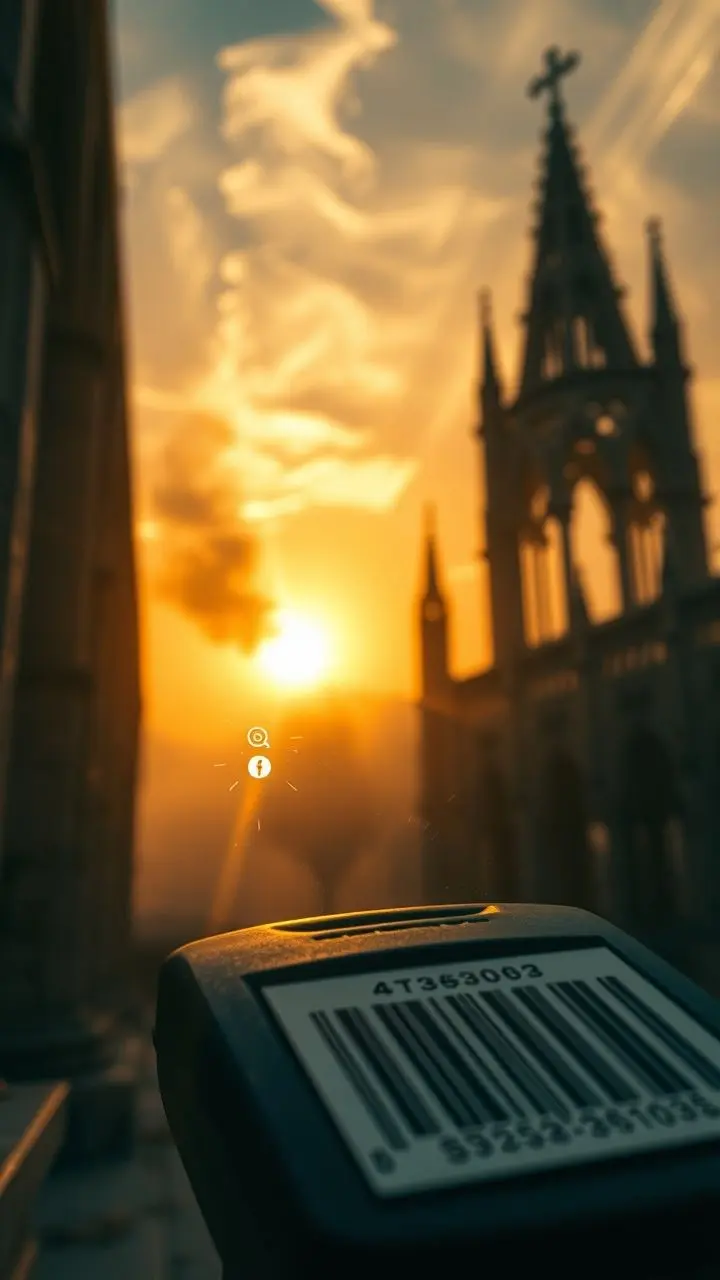 Barcode scanner scanning with holographic icons and gothic architecture in a dusty sunset.