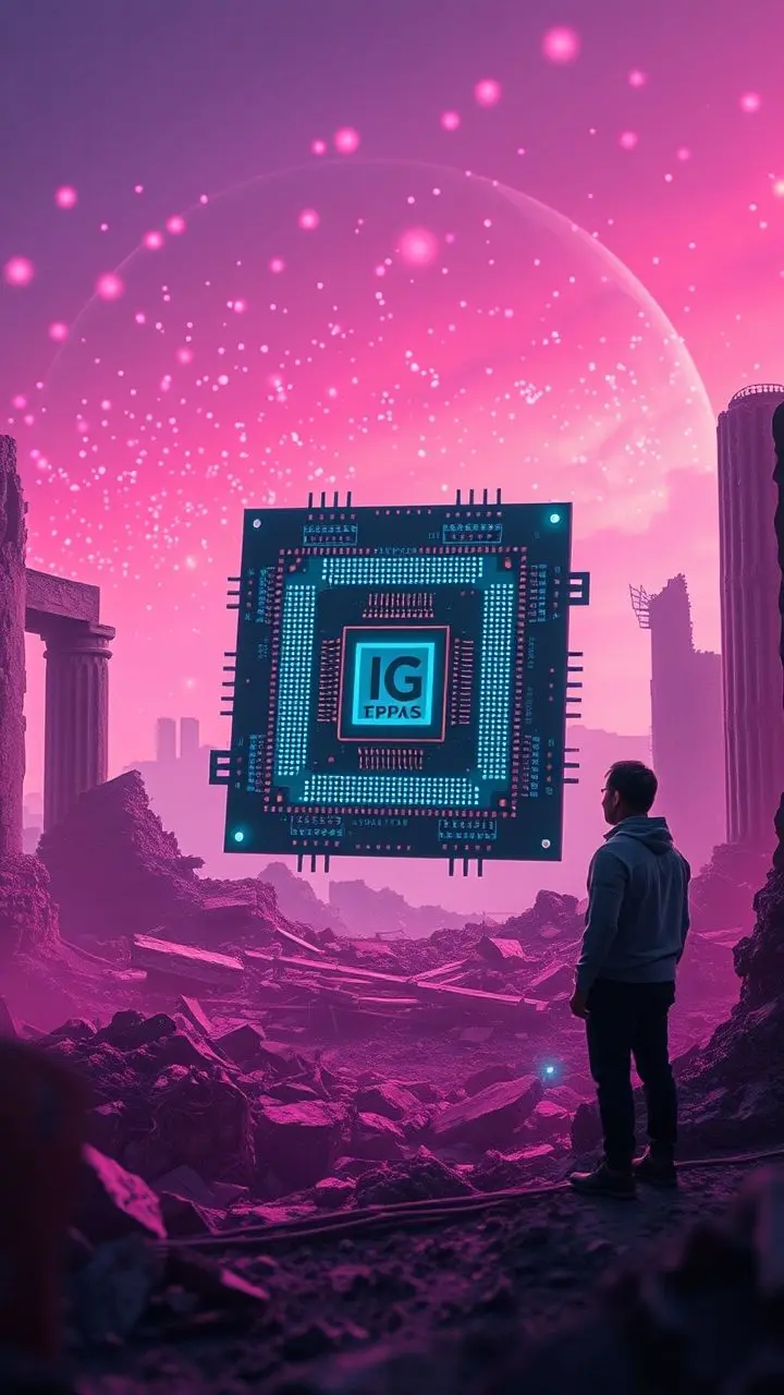 Close-up of a futuristic microchip in ruins with an investor and neon fireflies.