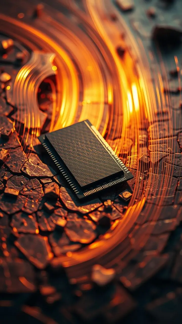 Macro shot of a memory card on cracked carbon with jet stream patterns.