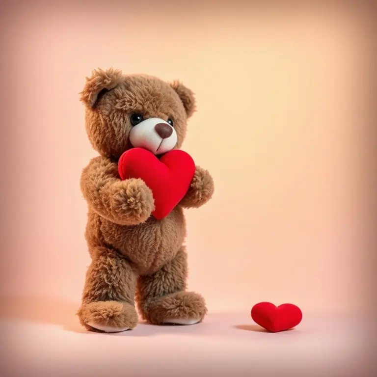 Brown teddy bear holding a red heart.