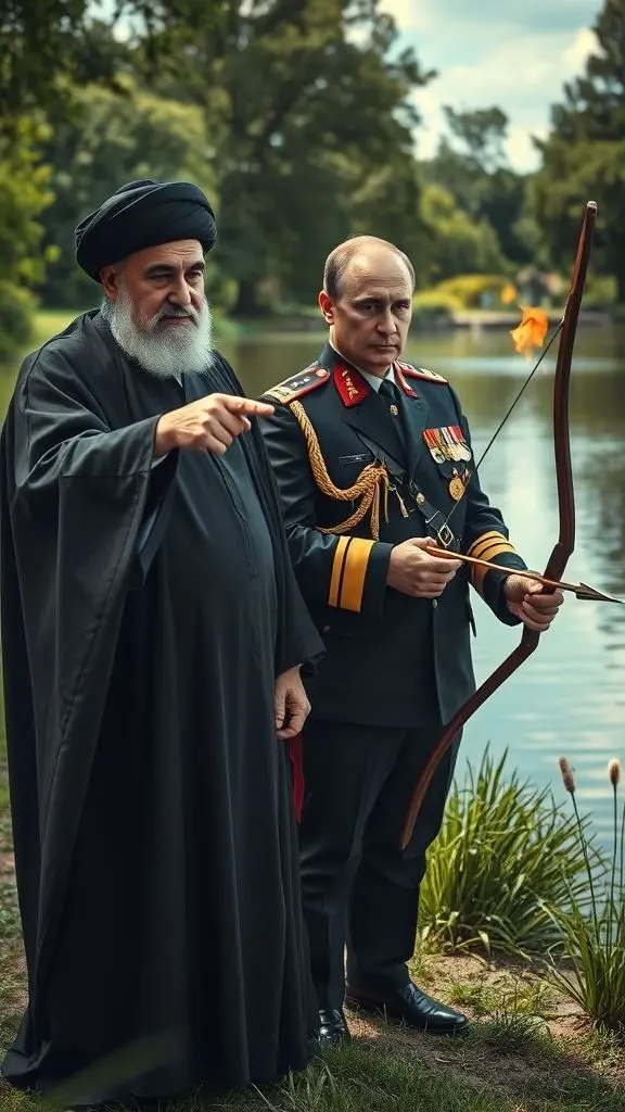 Khamenei and Putin by a pond, with Khamenei gesturing and Putin holding a flaming arrow.