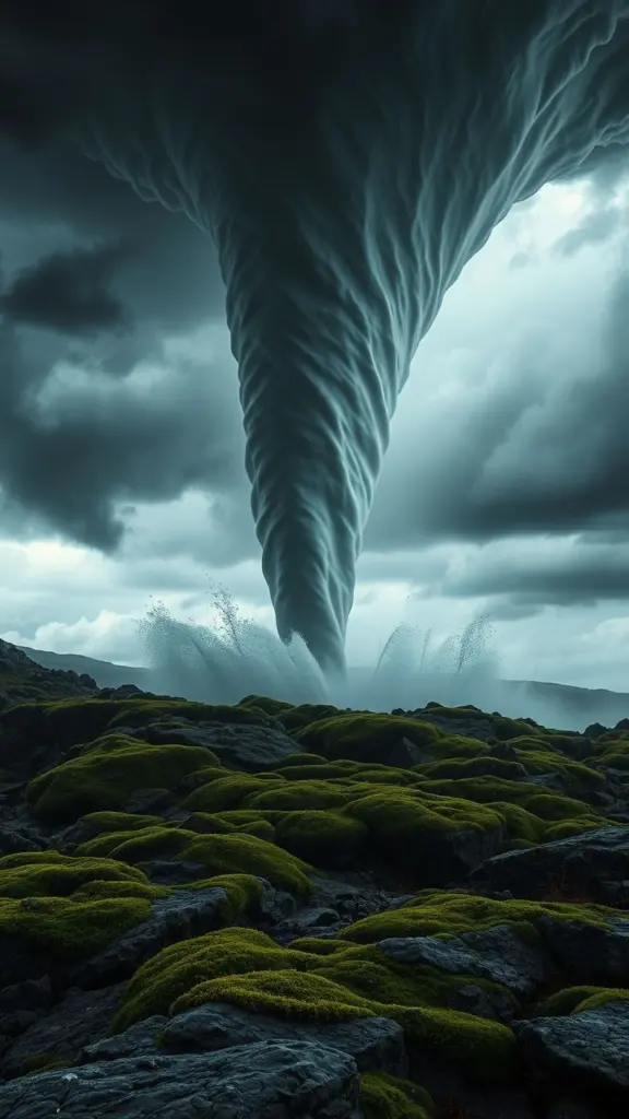 Waterspout and mossy terrain under a tornado warning sky.