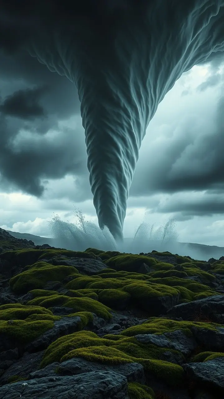 Waterspout and mossy terrain under a tornado warning sky.