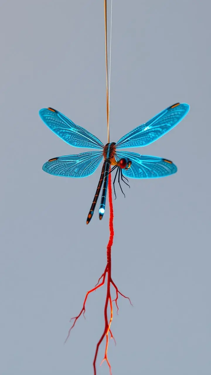 Dragonfly tethered by threads with glowing veins and bleeding roots.